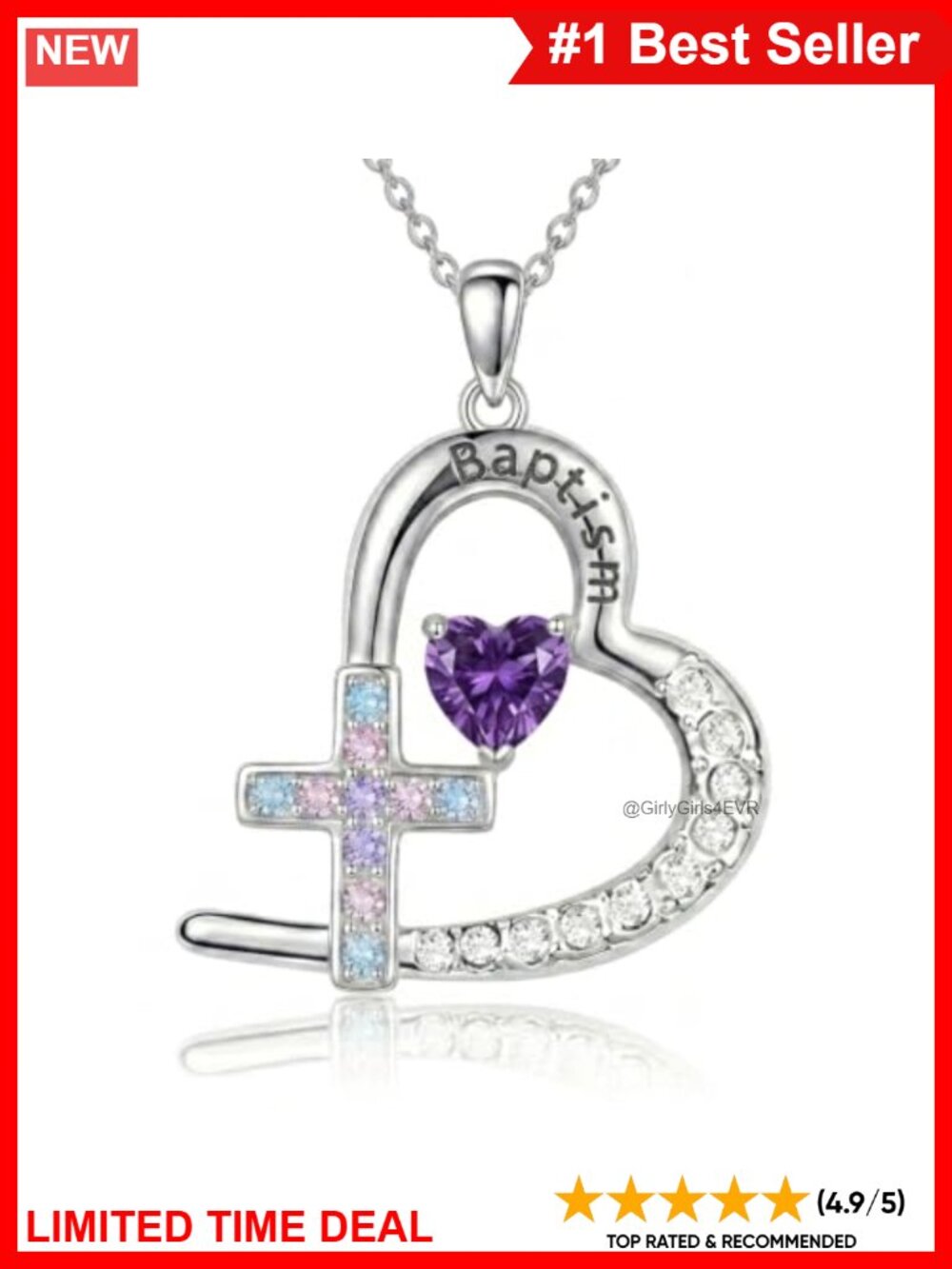 925 Sterling Silver Baptism Cross Birthstone Necklace Adjustable